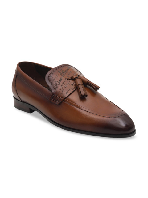 

ROSSO BRUNELLO Mens Tan Brown Italian Genuine Leather Tasselled Loafers