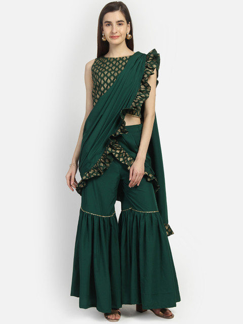 

studio rasa Women Green & Gold-Toned Ruffled Sharara Set