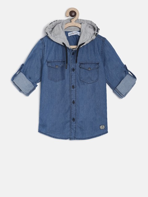 

TALES & STORIES Boys Blue Regular Fit Solid Casual Denim Hood Shirt