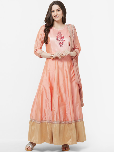 

Vedic Women Peach-Coloured Printed Anarkali Kurta With Attached Dupatta