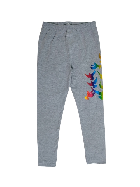 

KiddoPanti Girls Grey Melange Sparrow Side Printed Ankle-Length Leggings