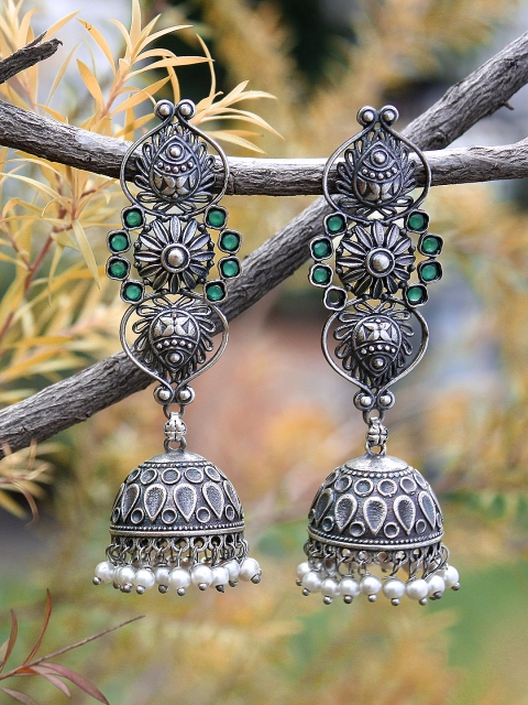 

Adwitiya Collection Oxidized Silver-Plated Dome Shaped Jhumkas