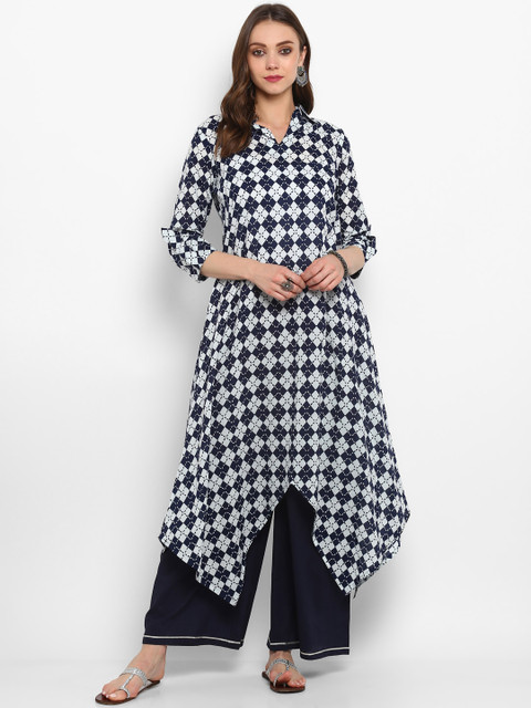 

aayusika Women Blue Checked Asymmetrical Hem A-Line Kurta