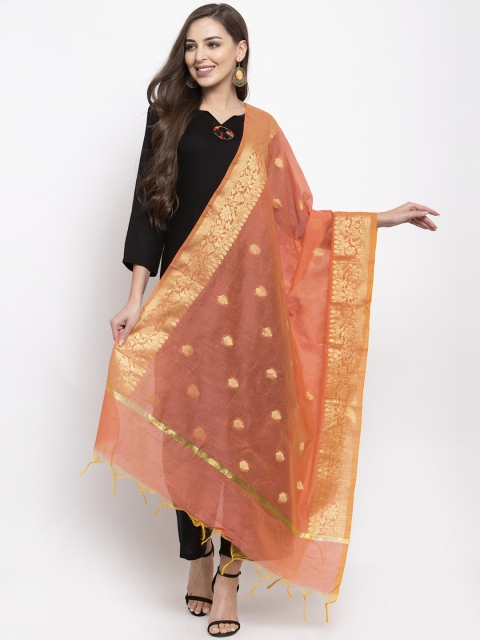 

Aujjessa Peach-Coloured & Gold-Toned Woven Design Dupatta