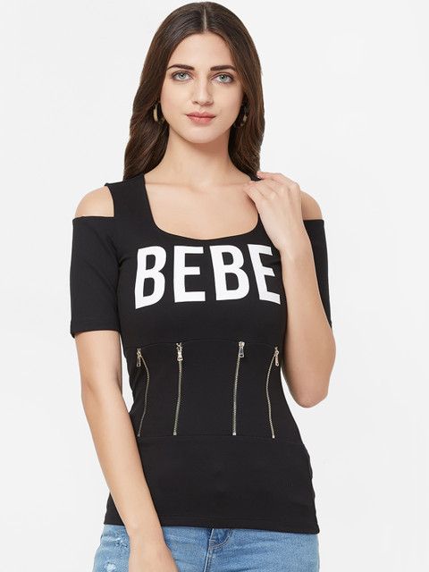 

bebe Women Black Printed Round Neck T-shirt