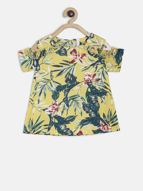 

TALES & STORIES Girls Yellow & Green Printed A-Line Pure Cotton Top