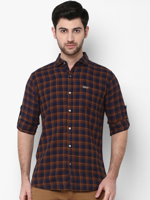 

Urbano Fashion Men Navy Blue & Brown Slim Fit Checked Casual Shirt
