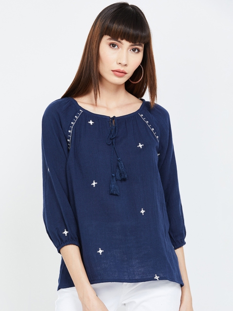 

Fame Forever by Lifestyle Women Navy Blue Printed A-Line Pure Cotton Top