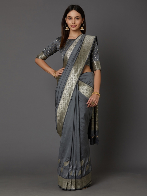 

Mitera Grey & Muted Gold-Coloured Silk Blend Woven Design Banarasi Saree