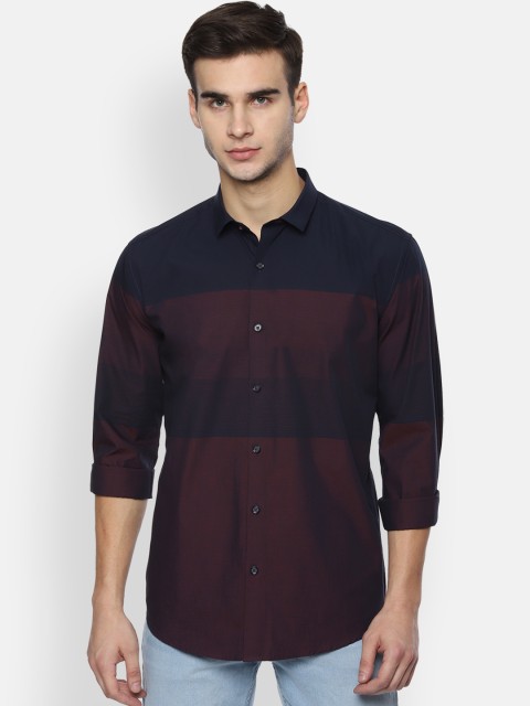

V Dot Men Maroon & Navy Blue Slim Fit Striped Casual Shirt