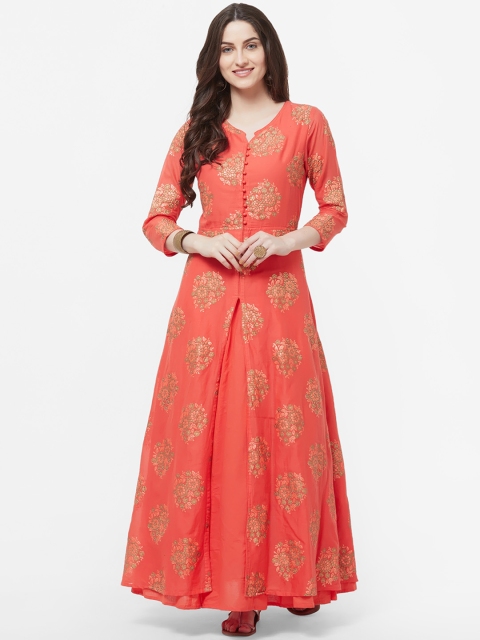 

Vedic Women Rust Pink & Green Printed A-Line Kurta