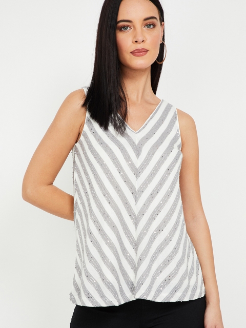 CODE by Lifestyle Women White & Grey Striped Embellished A-Line Top