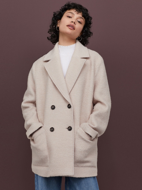 

H&M Women Beige Solid Short Boucl Coat