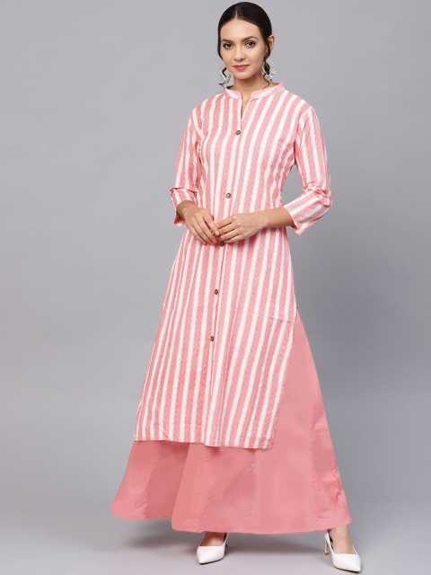 Ishin Women Pink & White Striped Straight Kurta