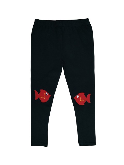 

KiddoPanti Girls Black Solid Ankle-Length Fish Applique Knee Patch Leggings