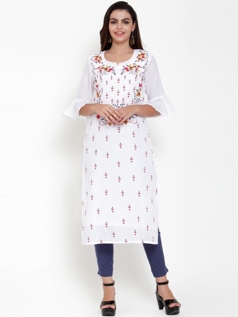 

ETIQUETTE Women White & Peach-Coloured Printed Straight Kurta