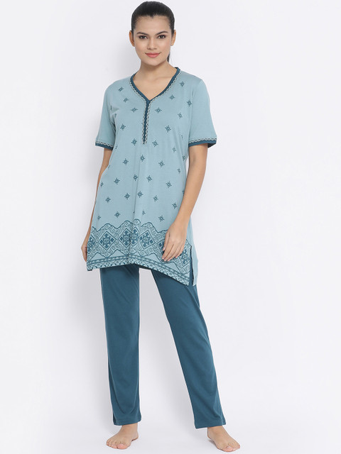 

Kanvin Women Teal Blue Printed Night Suit