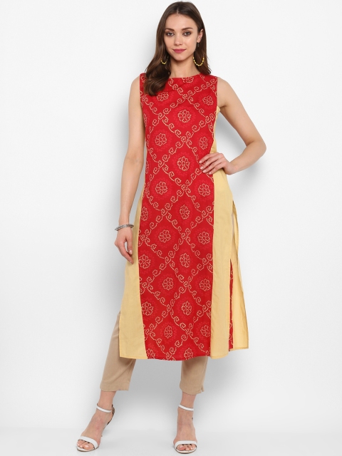 

aayusika Women Red & Yellow Printed Straight Kurta