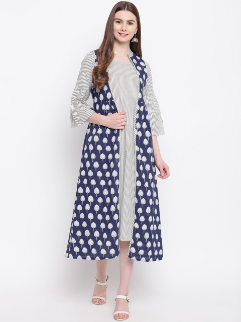 

aayusika Women Blue Striped A-Line Dress With Jacket