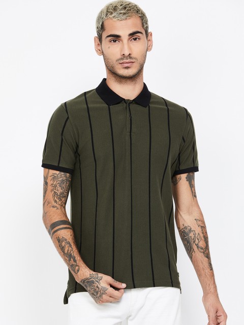 

Bossini Men Olive Green & Black Striped Polo Collar T-shirt