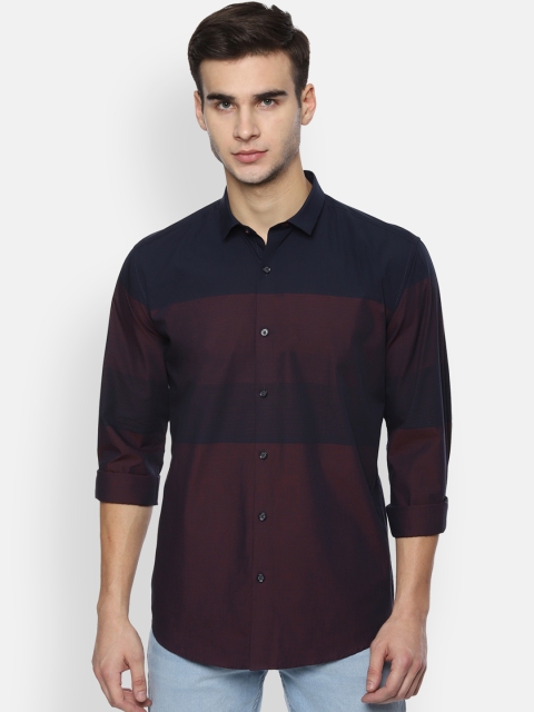 

V Dot Men Maroon & Navy Blue Slim Fit Striped Casual Shirt
