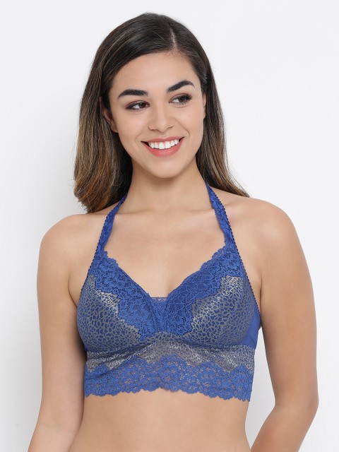 

Clovia Blue & Grey Lace Non-Wired Lightly Padded Longline Bralette Bra BR2008P0832B