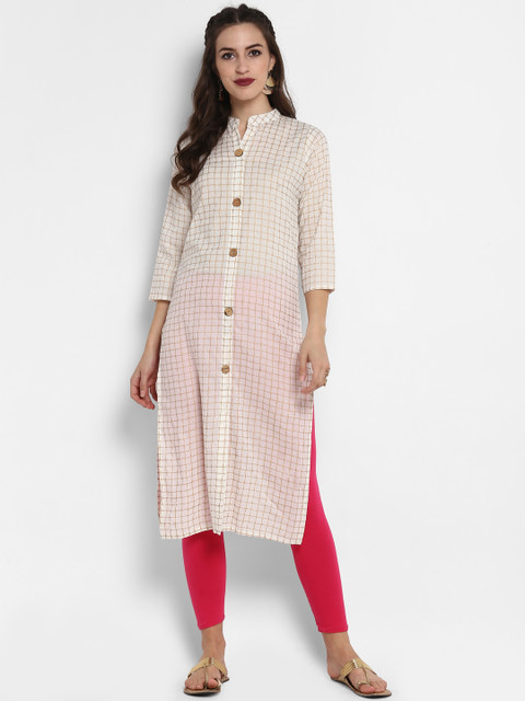 

aayusika Women Cream-Coloured Checked Straight Kurta