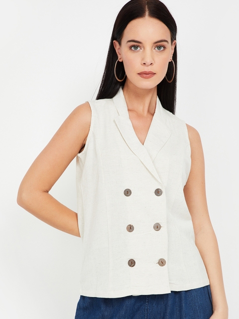 

CODE by Lifestyle Women Off-White Solid Regular Fit Double-Breasted Casual Pure Cotton Blazer
