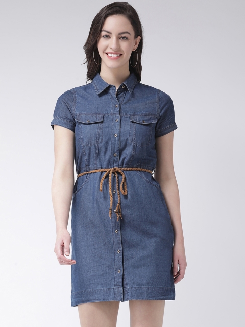 

Latin Quarters Women Blue Solid Denim Shirt Dress