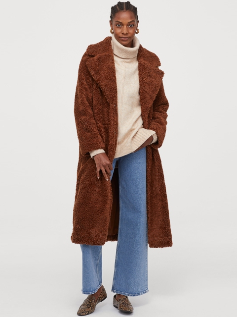 

H&M Women Brown Solid Long Pile Coat