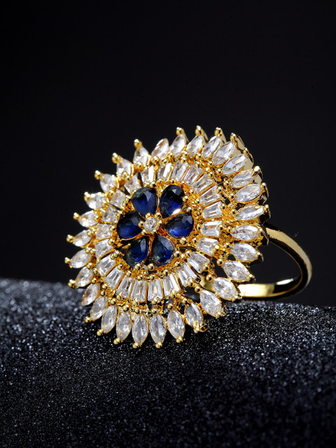 

Bhana Fashion Gold-Plated White & Navy Blue AD Studded Handcrafted Flower Finger Ring
