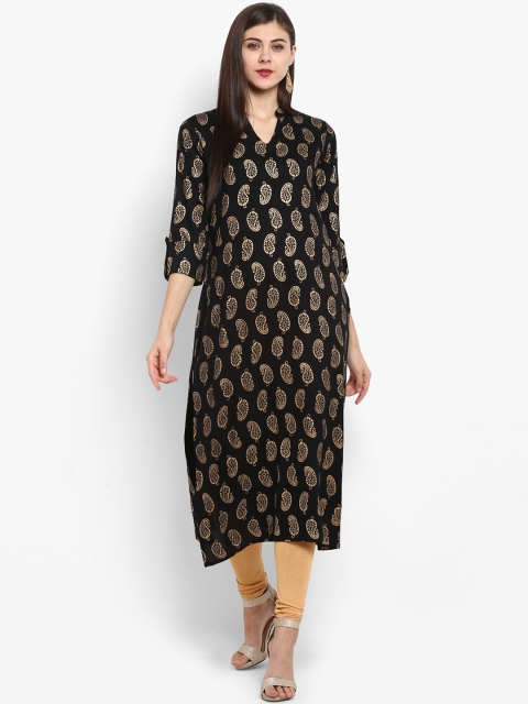 

Fashion String Women Black & Gold-Toned Printed Straight Kurta