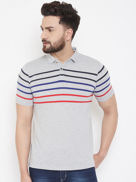 

Austin wood Men Grey Striped Polo Collar T-shirt