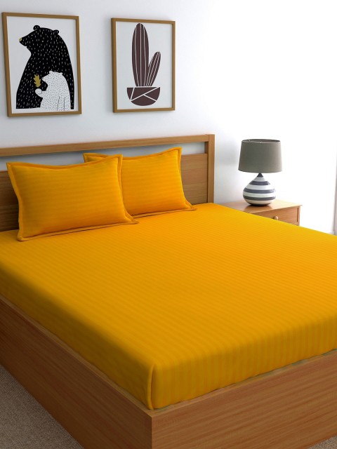 

Dreamscape Mustard Yellow Striped 220 TC Cotton 1 Queen Bedsheet with 2 Pillow Covers