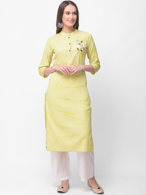 

aayusika Women Yellow & White Quirky Print Embroidered Straight Kurta