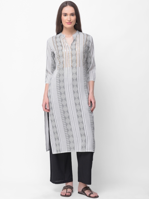 

aayusika Women Off-White & Grey Printed Straight Kurta