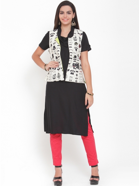 

ETIQUETTE Women Black & White Printed Straight Kurta Comes With A Jacket