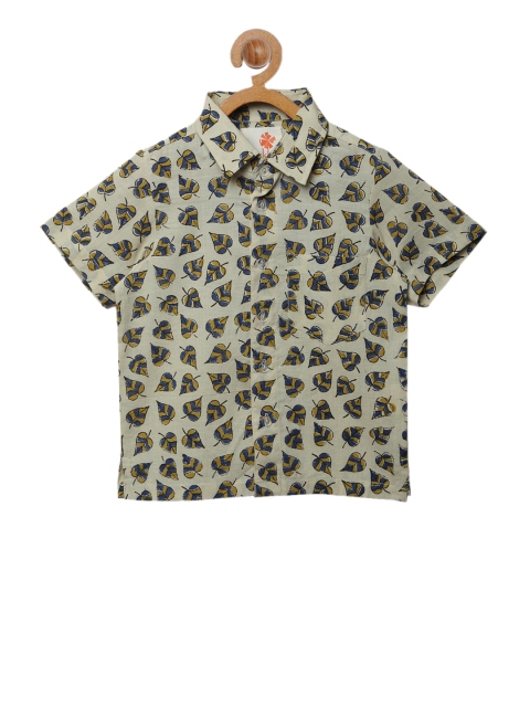 

charkhee Boys Beige & Navy Blue Regular Fit Printed Casual Shirt