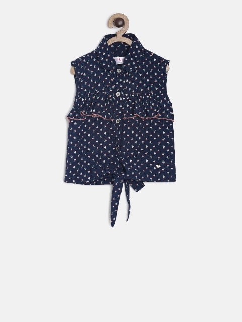 

TALES & STORIES Girls Navy Blue Printed Shirt Style Pure Cotton Top