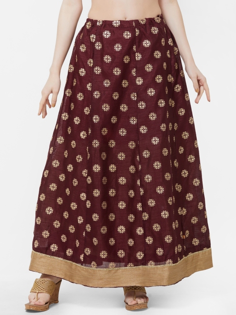 

Vedic Maroon & Gold-Coloured Printed Flared Maxi Skirt