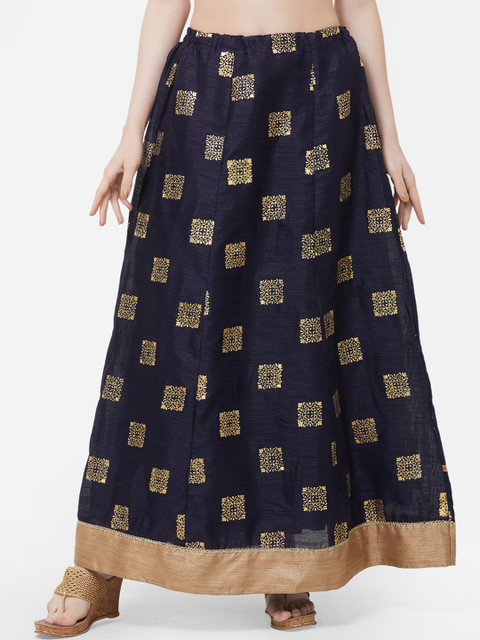 

Vedic Navy Blue & Gold-Coloured Printed Flared Maxi Skirt