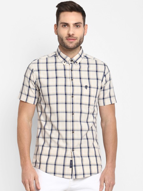 

Red Tape Men Beige & Navy Blue Regular Fit Checked Casual Shirt