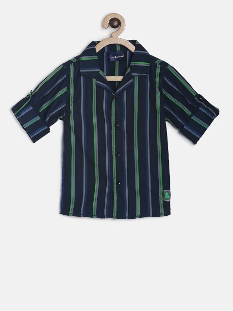 TALES & STORIES Boys Navy Blue & Green Regular Fit Striped Casual Shirt