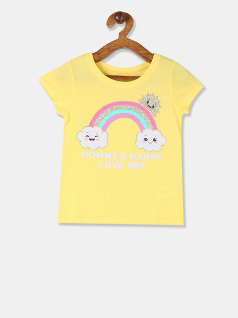 

The Childrens Place Girls Yellow Glitter Printed Round Neck Pure Cotton T-shirt