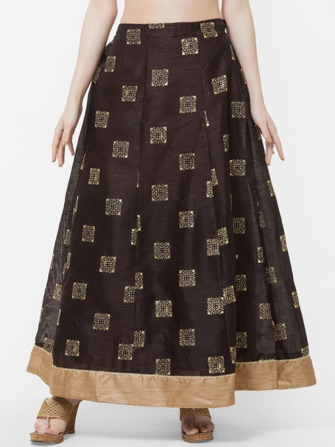 

Vedic Brown & Gold-Coloured Printed Flared Maxi Skirt