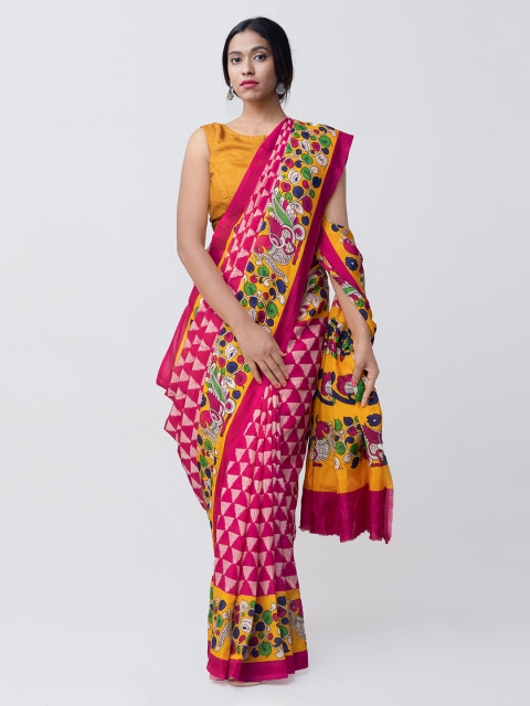 

Unnati Silks Pink & White Art Silk Kalamkari Printed Pochampally Handloom Saree