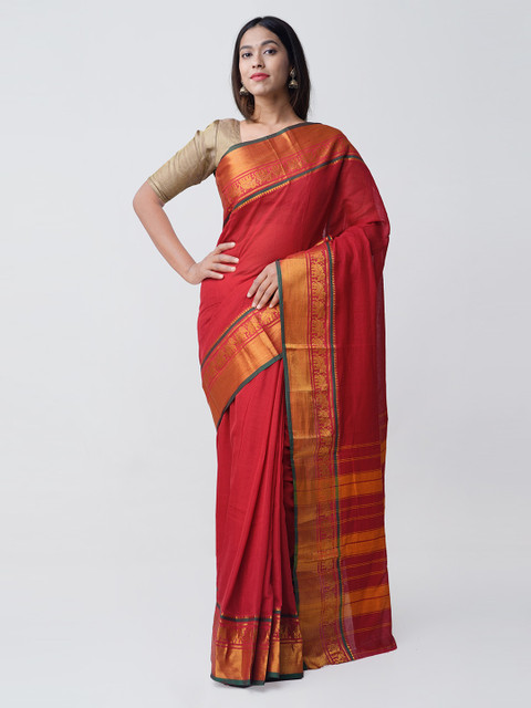 

Unnati Silks Red Pure Cotton Solid Narayan Peth Pure Handloom Saree