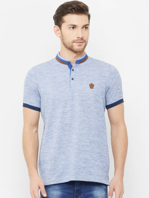

NEXGEN CLUB Men Blue Self Design Mandarin Collar T-shirt