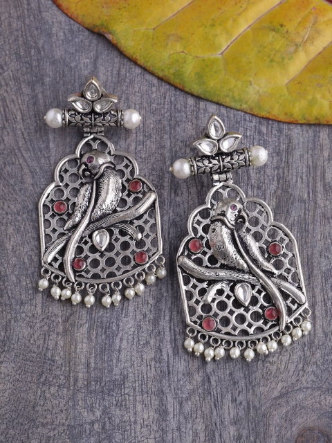

Tistabene Silver-Plated & Red Kundan Studded Classic Drop Earrings