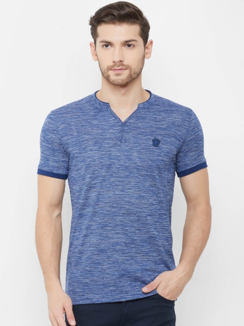 

NEXGEN CLUB Men Blue Self Design Mandarin Collar T-shirt